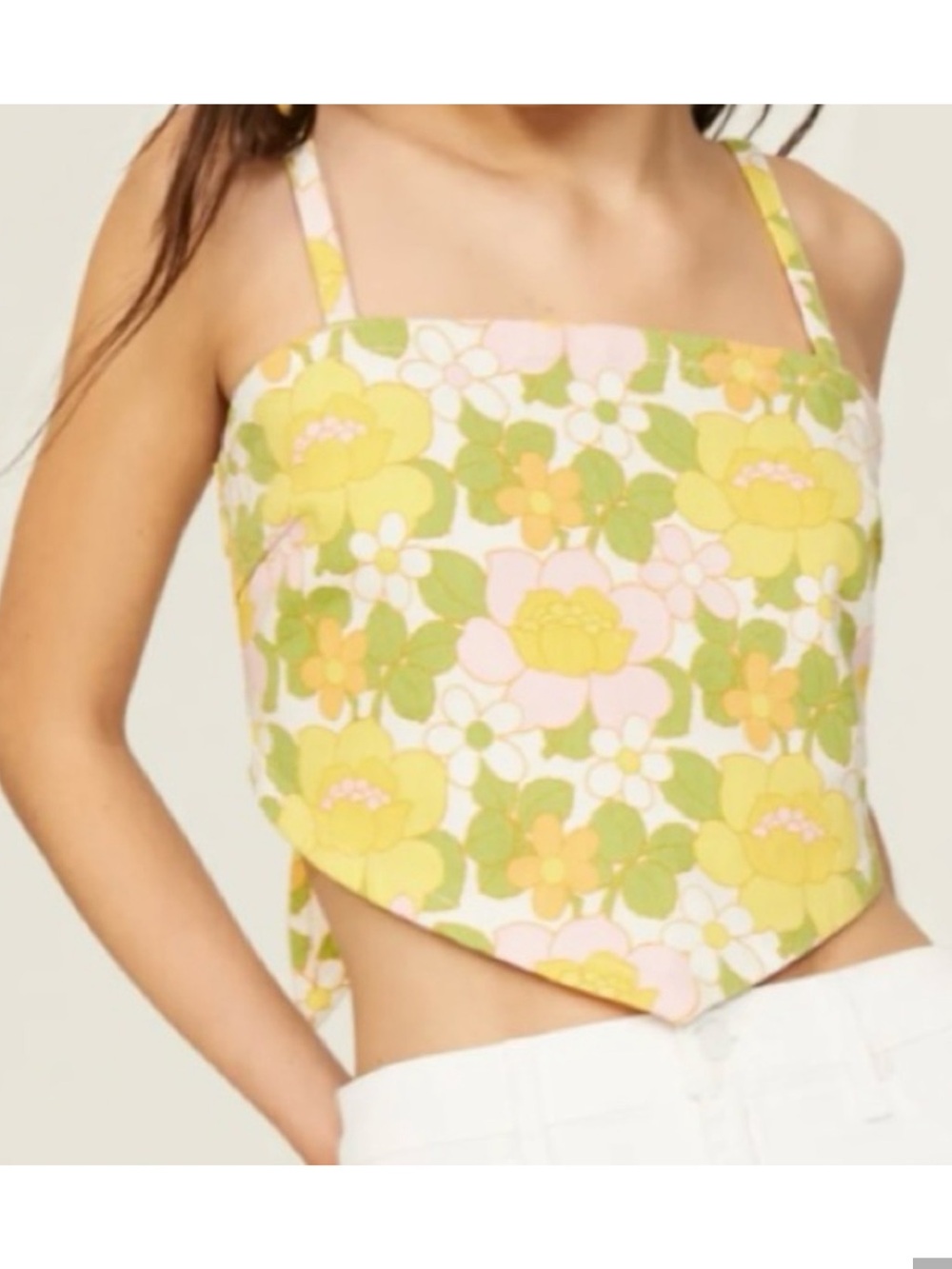NWT Show Me Your Mumu Yellow & Pink Floral Handkerchief Denim Top